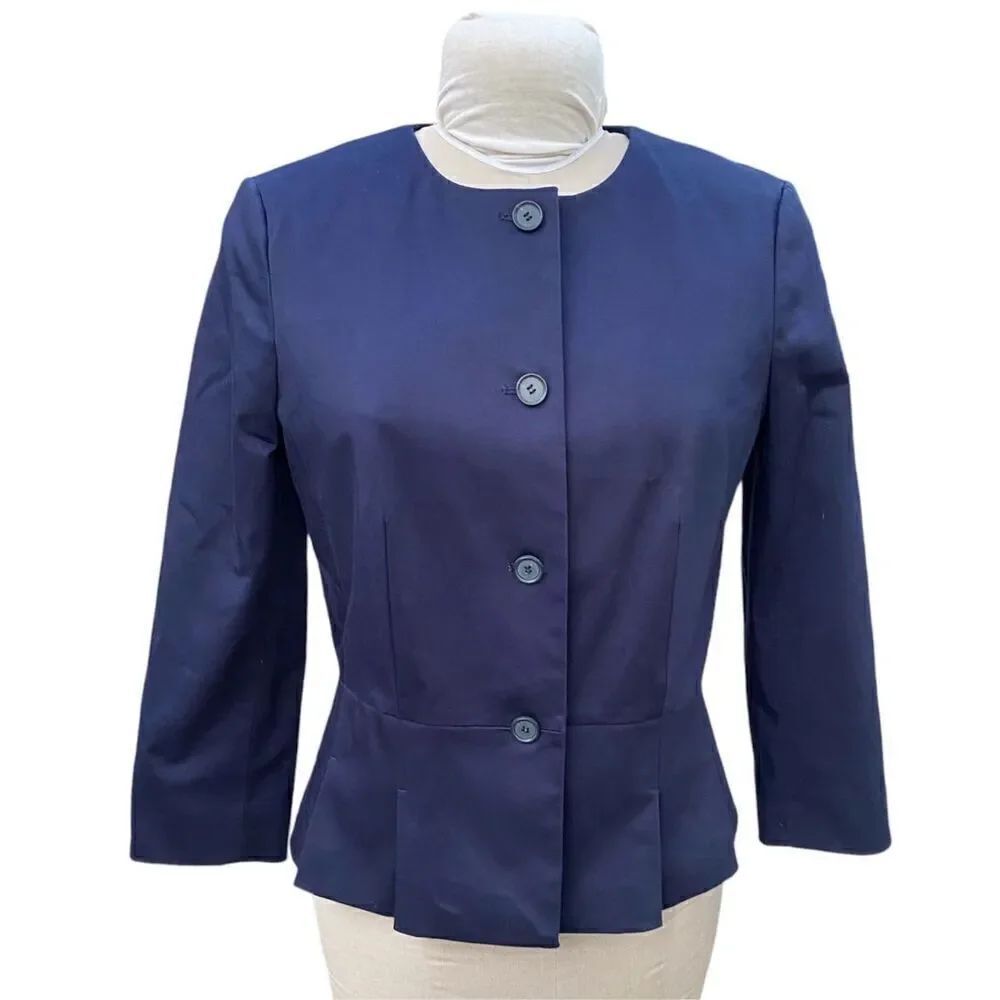 Ann Taylor “The Peplum Jacket in Cotton Sateen” Navy Blue Sz 8 Lined Professiona